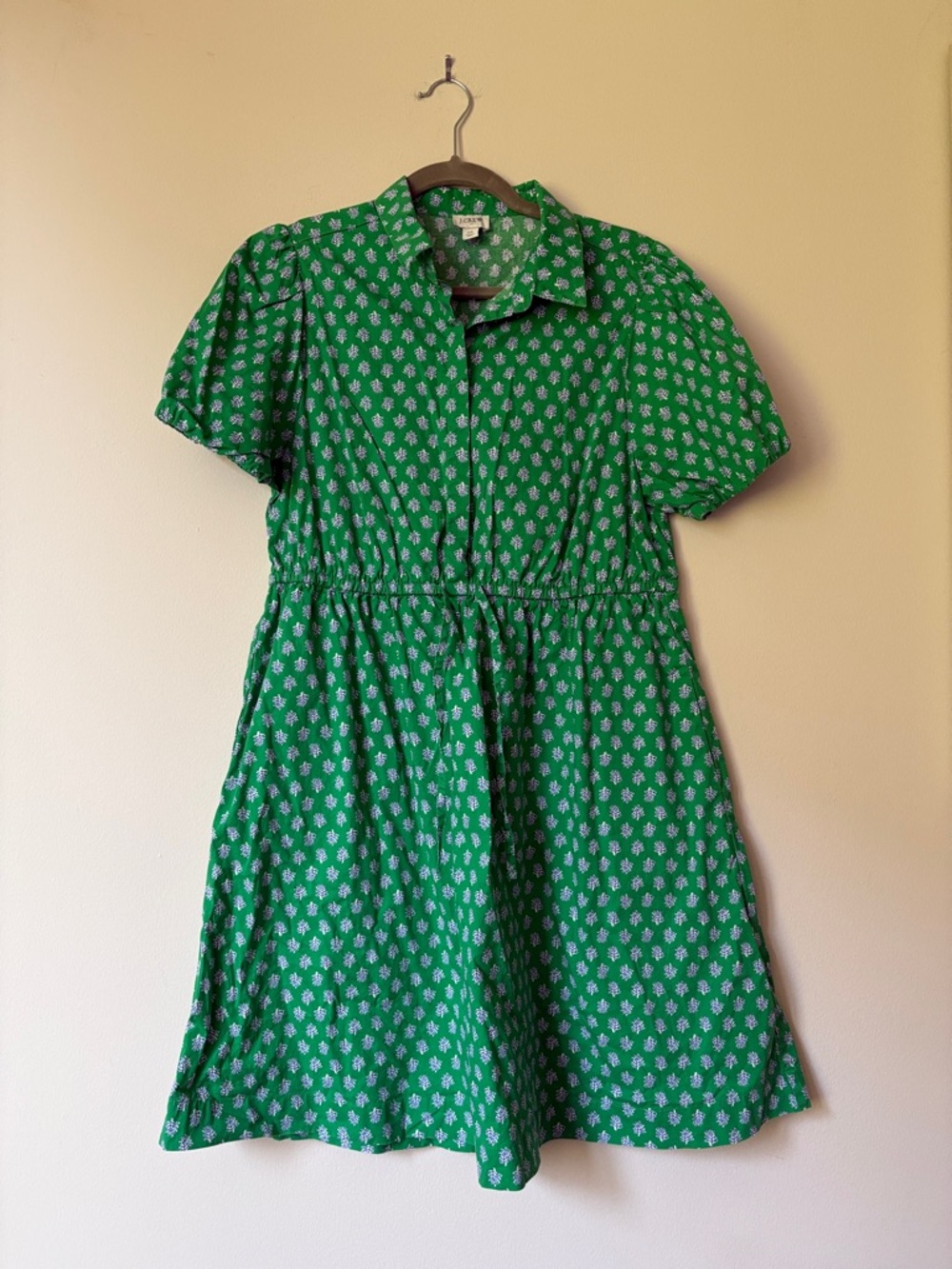 J. Crew Green Short-Sleeve Button-Front Mini Dress White Floral with Pockets